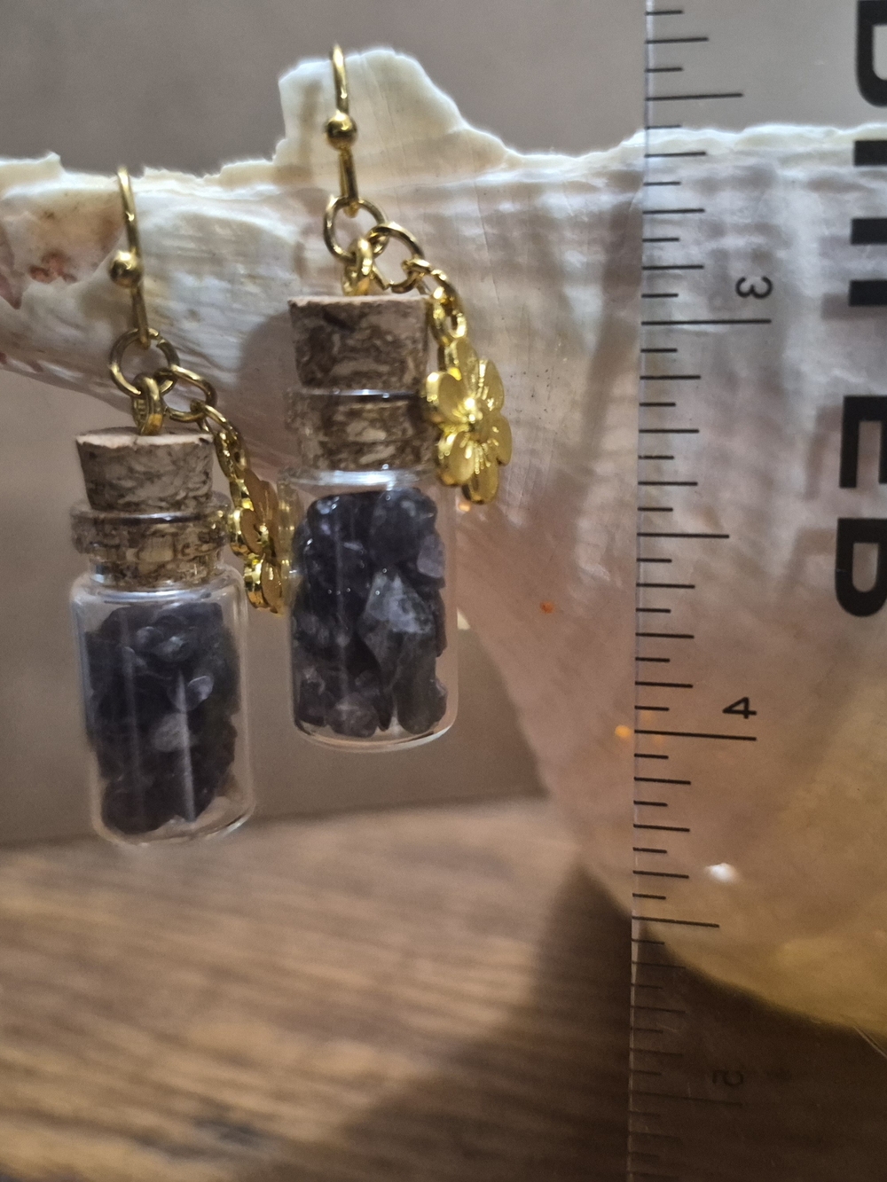 Gold Floral Glass Vial Earrings with Purple Mica Crystal Chips